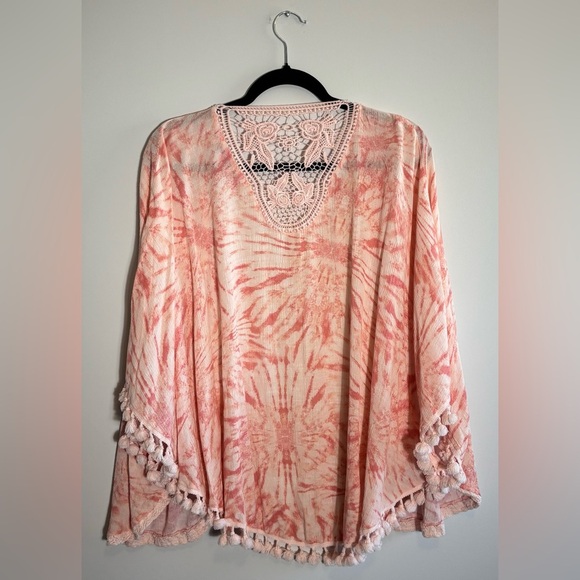 New Directions Pink & White Tie-Dye Kimono Cardigan – Crochet Trim, Size L/XL - Picture 2 of 5